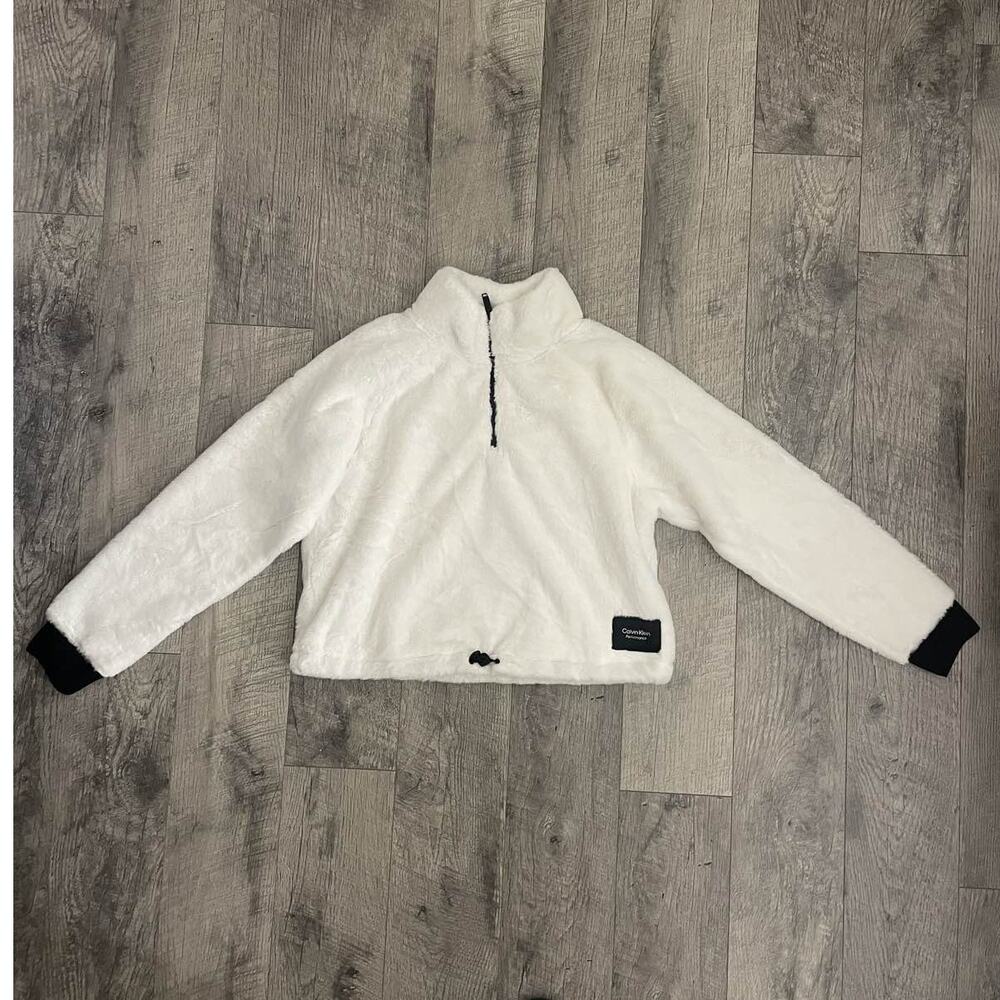 Calvin Klein Performance‎ Women White Faux Fur Half-Zip Pullover